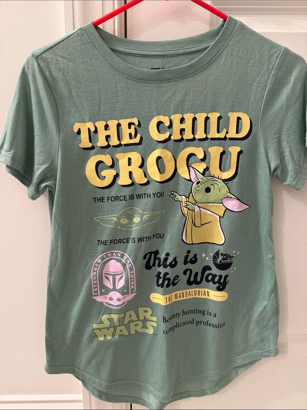 Star Wars Grogu Tee in Sage Green with Yellow and Pink Accents